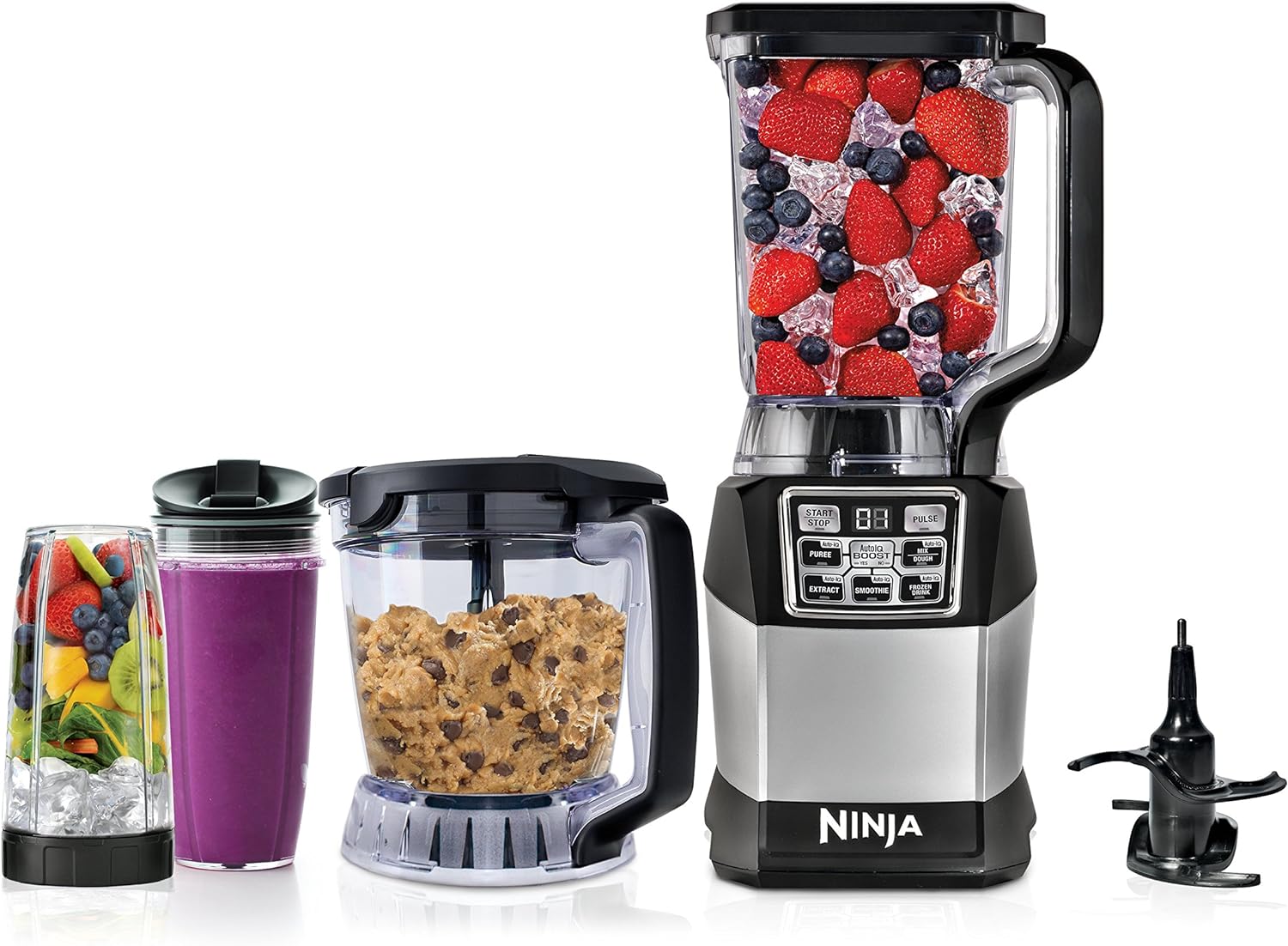 Ninja Blender and Food Processor System with 1200-Watt Auto-iQ Base, 72 Oz Pitcher, 40 Oz Blend  Prep Bowl, Dough Tool and (2) 24 Oz Cups with Lids (BL494), Black