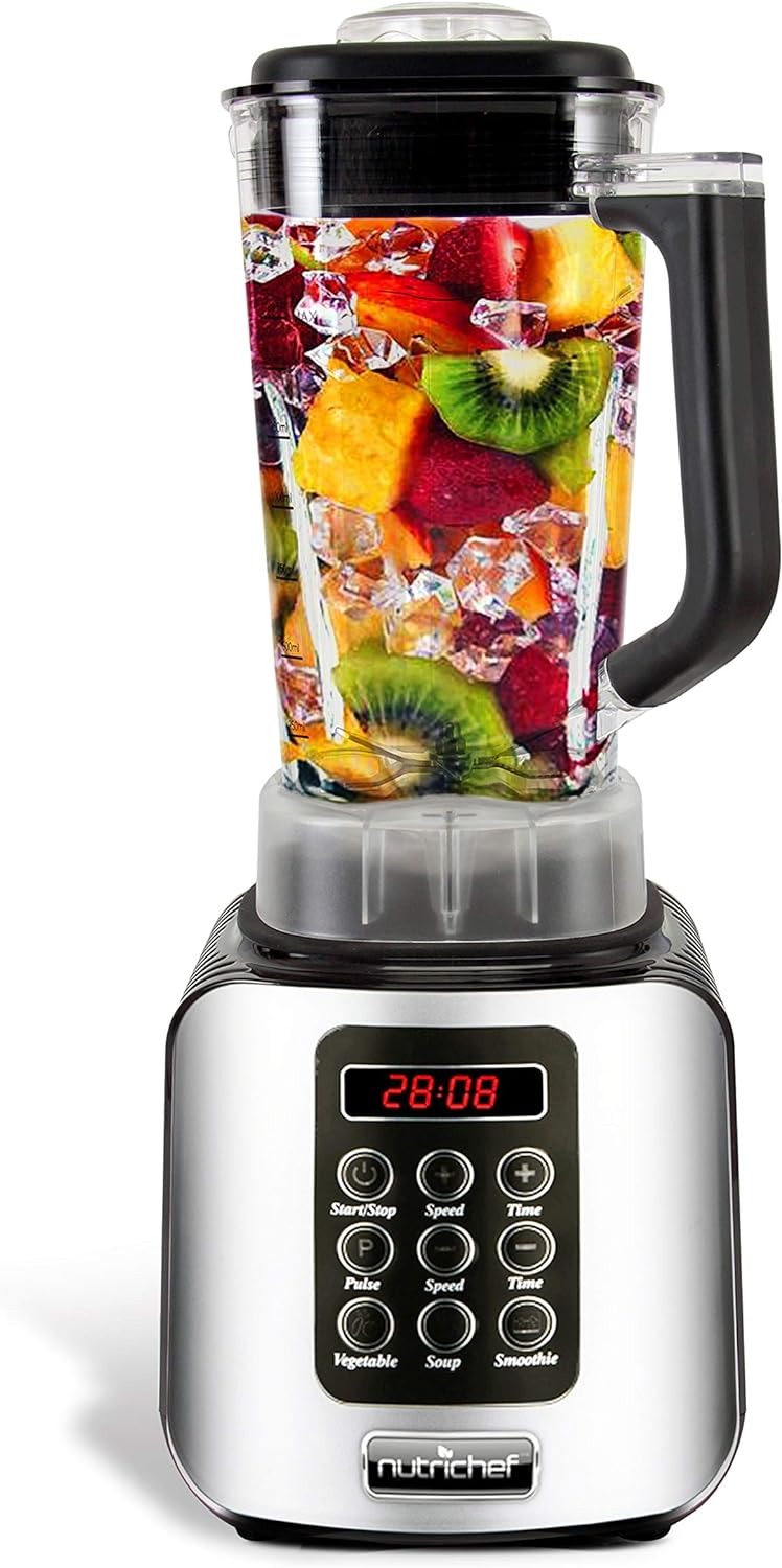 NutriChef Digital Electric Kitchen Countertop Blender - Professional 1.7 Liter Capacity Home Food Processor Compact Blender for Shakes and Smoothies w/ Pulse Blend, Timer, Adjustable Speed - NCBL1700