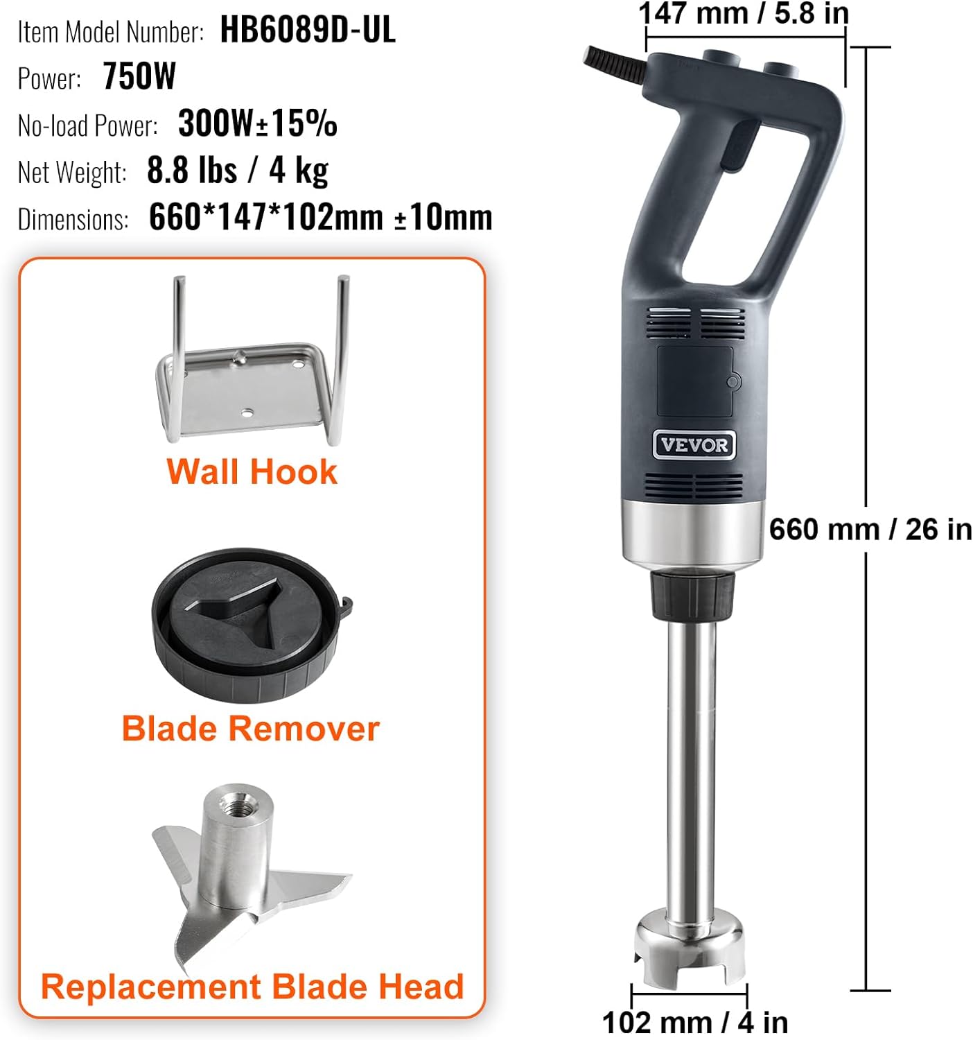 VEVOR Commercial Immersion Blender, 500 Watt 12 Inch Heavy Duty Hand Mixer, Variable Speed Stick Mixer with 304 Stainless Steel Blade, Multi-Purpose Portable Mixer for Soup, Smoothie, Puree, Baby Food