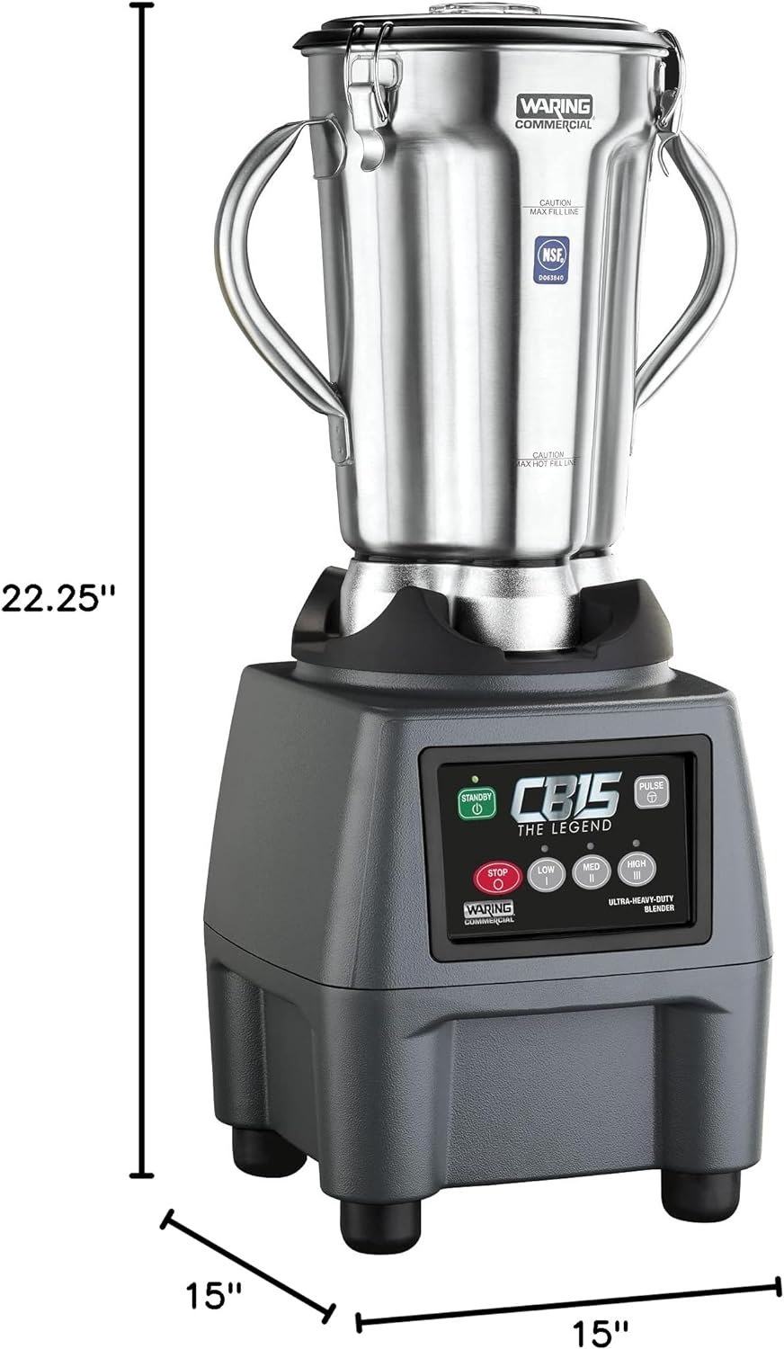 Waring Commercial CB15 Ultra Heavy Duty 3.75 HP Blender, Electric Touchpad Controls with Stainless Steel 1 Gallon Container, 120V, 5-15 Phase Plug,Black