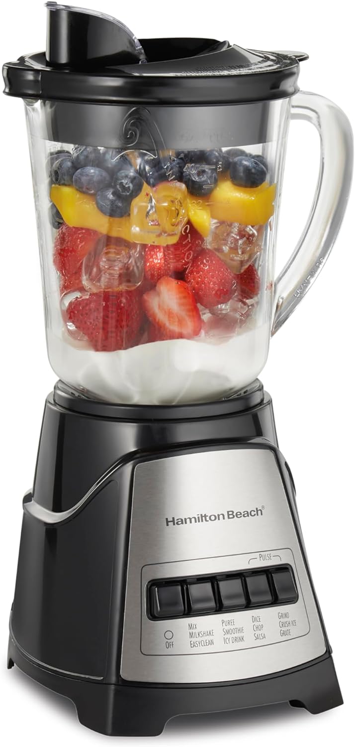Hamilton Beach Power Elite Wave Action blender-for Shakes  Smoothies, Puree, Crush Ice, 40 Oz Glass Jar, 12 Functions, Stainless Steel Ice Sabre-Blades, Black (58148A)