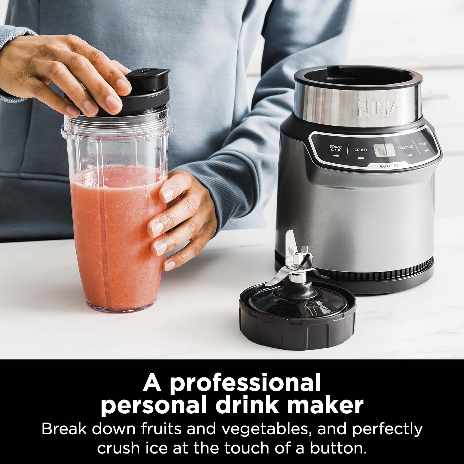 Ninja BN401 Nutri Pro Compact Personal Blender, Auto-iQ Technology, 1100-Peak-Watts, for Frozen Drinks, Smoothies, Sauces  More, with (2) 24-oz. To-Go Cups  Spout Lids, Cloud Silver