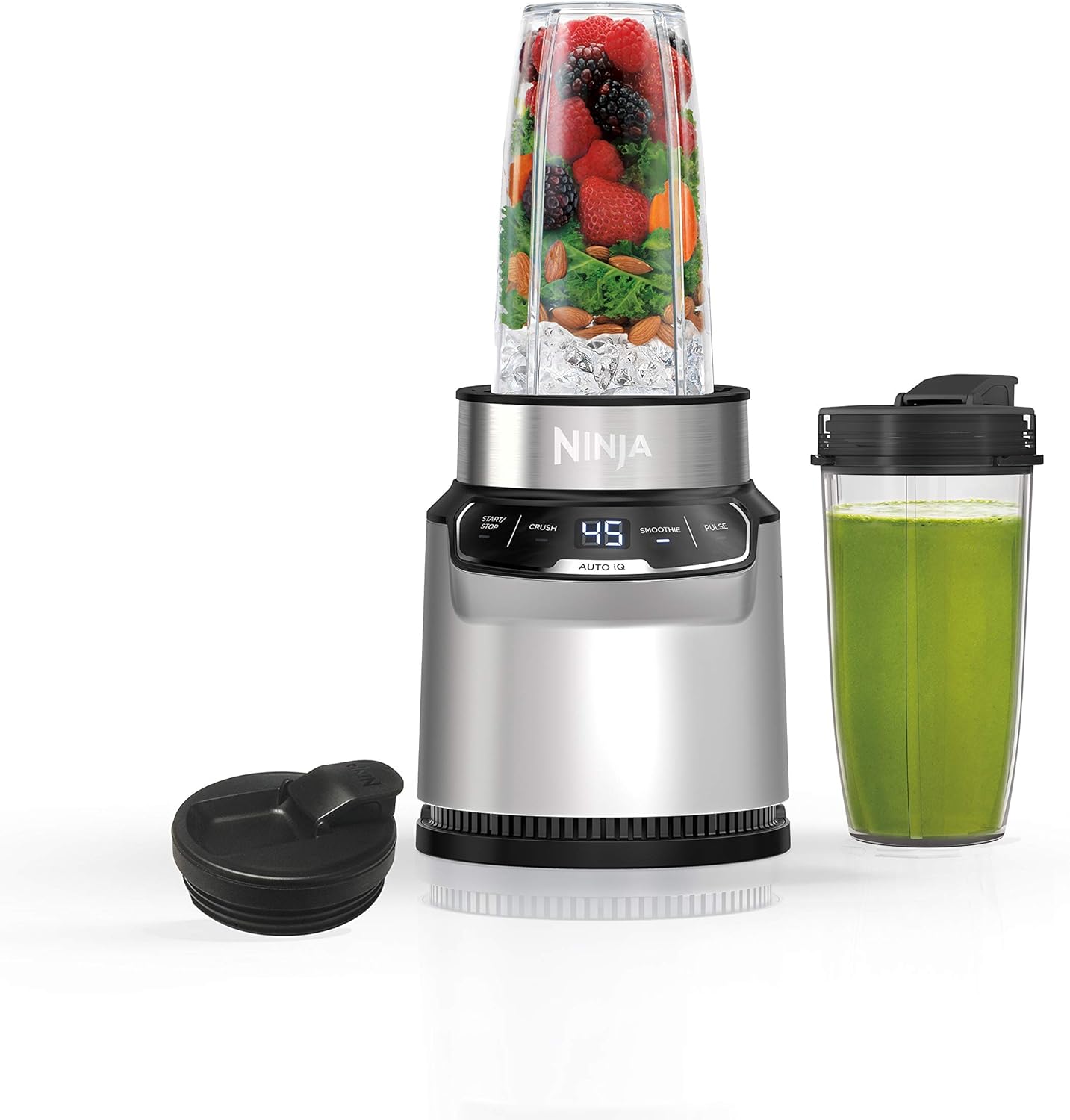 Ninja BN401 Nutri Pro Compact Personal Blender, Auto-iQ Technology, 1100-Peak-Watts, for Frozen Drinks, Smoothies, Sauces  More, with (2) 24-oz. To-Go Cups  Spout Lids, Cloud Silver