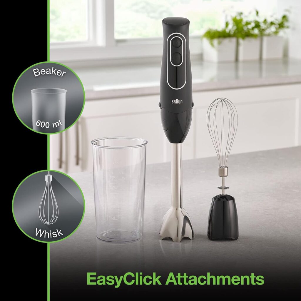 Braun MultiQuick 5 Immersion Hand Blender Patented Technology - Powerful 350 Watt - Dual Speed - Includes Beaker, Whisk, 505, Black, MQ505