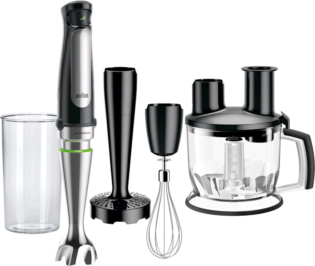 Braun MultiQuick MQ7077 4-in-1 Immersion Hand, Powerful 500W Stainless Steel Stick Blender, Variable Speed + 6-Cup Food Processor, Whisk, Beaker, Masher, Faster Blend