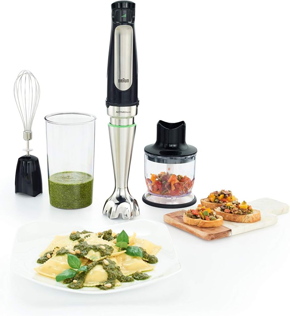 Braun MultiQuick MQ7077 4-in-1 Immersion Hand, Powerful 500W Stainless Steel Stick Blender, Variable Speed + 6-Cup Food Processor, Whisk, Beaker, Masher, Faster Blend