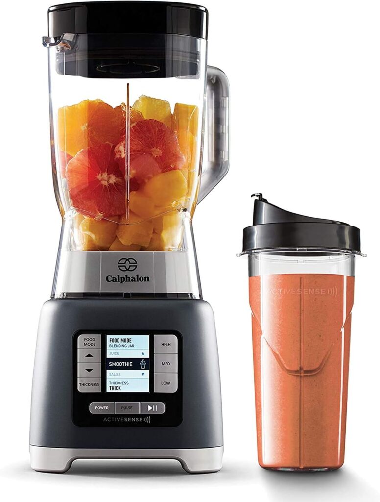 Calphalon Blender for Shakes, Smoothie, Salsa, Milkshake, Frozen Drinks, and Juices with 68-oz BPA-Free Tritan Jar and 24-oz Portable Blender Bottle, ActiveSense 1200-Watt Motor, Dark Stainless Steel