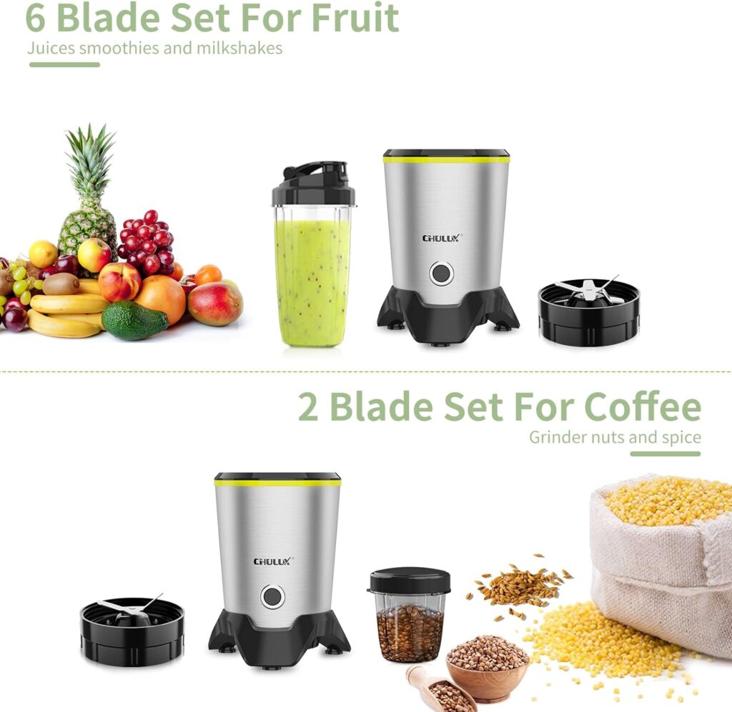 CHULUX Smoothie Blender for Shakes and Milkshake,Countertop Blender with 6-Leaf Blade 32oz Blending Cup,1000W Kitchen Smoothie Machine with 15oz Grinder Cup for Fruit Vegetable Sauce Coffee Bean Spice