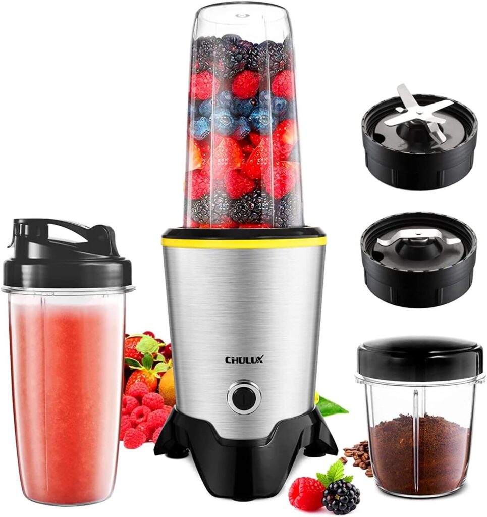 CHULUX Smoothie Blender for Shakes and Milkshake,Countertop Blender with 6-Leaf Blade 32oz Blending Cup,1000W Kitchen Smoothie Machine with 15oz Grinder Cup for Fruit Vegetable Sauce Coffee Bean Spice