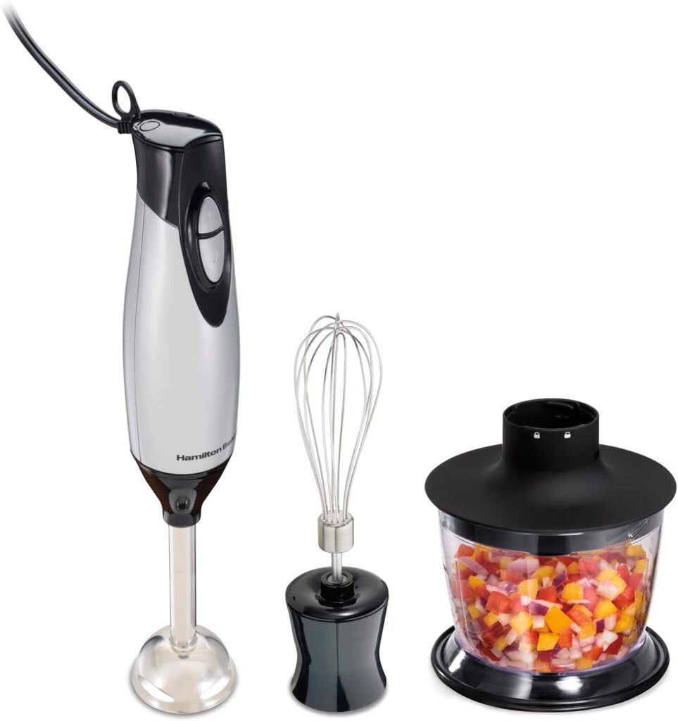 Hamilton Beach 4-in-1 Electric Immersion Hand Blender with Handheld Blending Stick, Whisk + 3-Cup Food Vegetable Chopper Bowl, 2-Speeds, 225 Watts, Silver and Stainless Steel (59765)