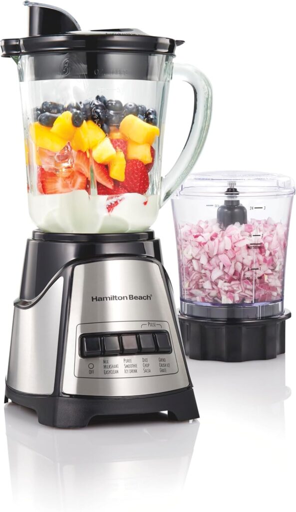 Hamilton Beach Power Elite Blender for Shakes and Smoothies with 3-Cup Vegetable Chopper Mini Food Processor, 40oz Glass Jar, 12 Functions for Puree, Ice Crush, Black and Stainless Steel (58149)