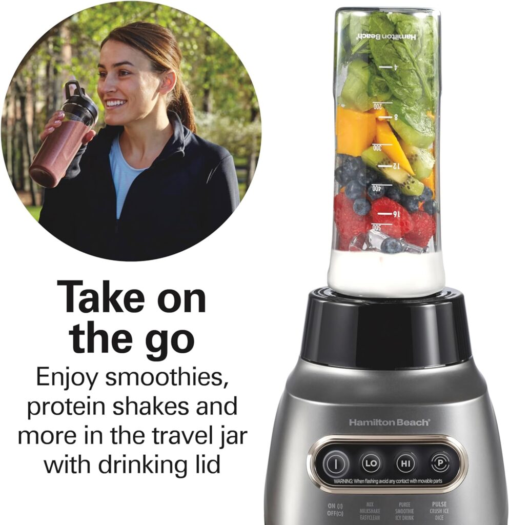 Hamilton Beach Wave Crusher Blender for Shakes and Smoothies, Puree, Crush Ice, With 40oz Glass Jar and 20oz Blend-In Portable Travel Jar, 6 Functions, Gray (58181)