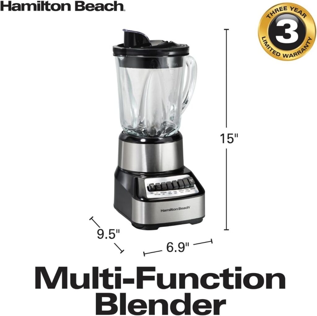 Hamilton Beach Wave Crusher Blender For Shakes and Smoothies With 40 Oz Glass Jar and 14 Functions, Ice Sabre Blades  700 Watts for Consistently Smooth Results, Black + Stainless Steel (54221)