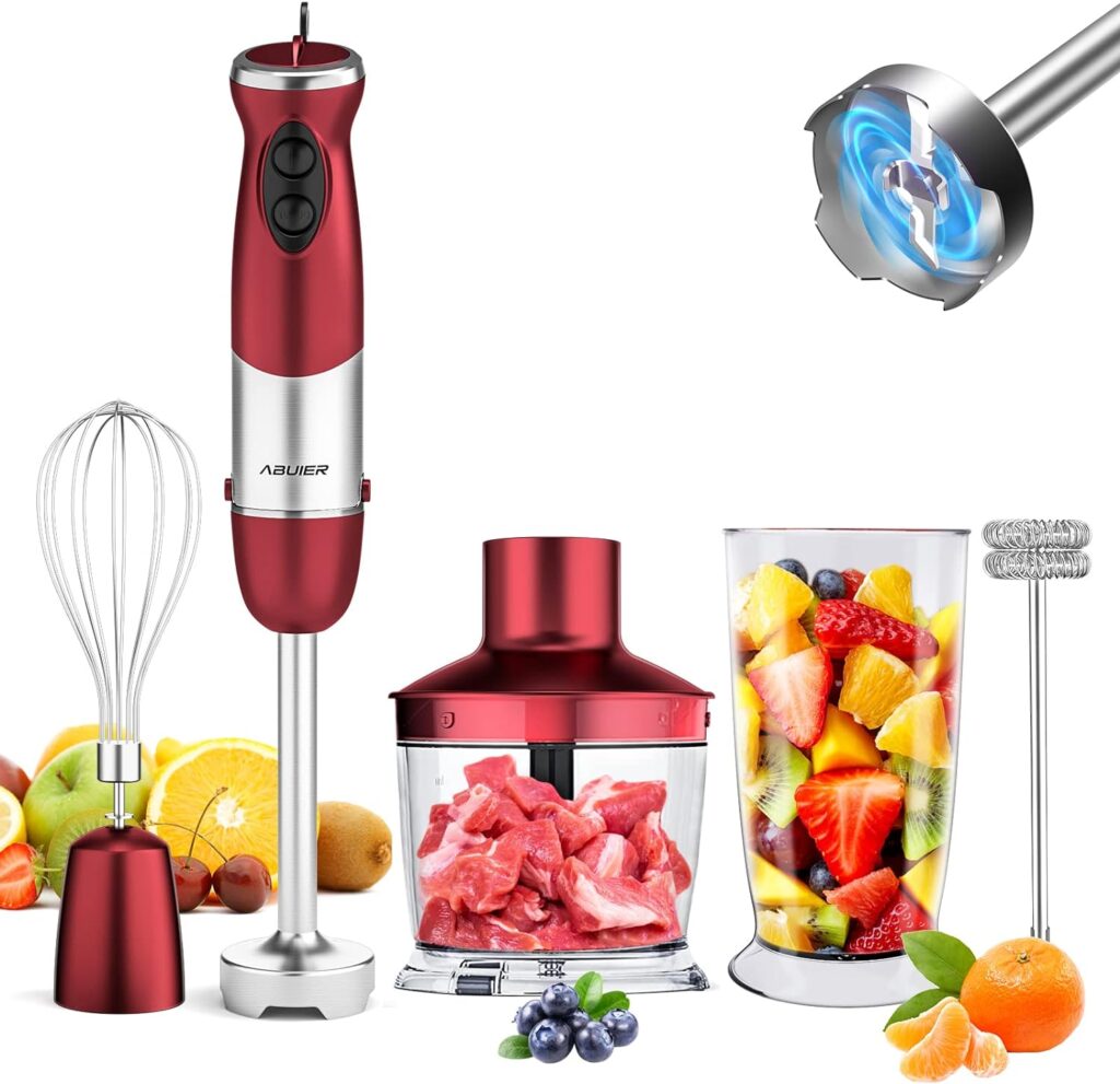 Immersion Blender 5 in 1 Hand Blender, Abuler 800W Hand Mixer Stick, 5-in-1, 12 Speed and Turbo Mode Handheld Blender 304 Stainless Steel, With 600ml Mixing Beaker, 500ml Chopper, Whisk and Milk Frother for Soup, Smoothies, Baby Food, Sauce