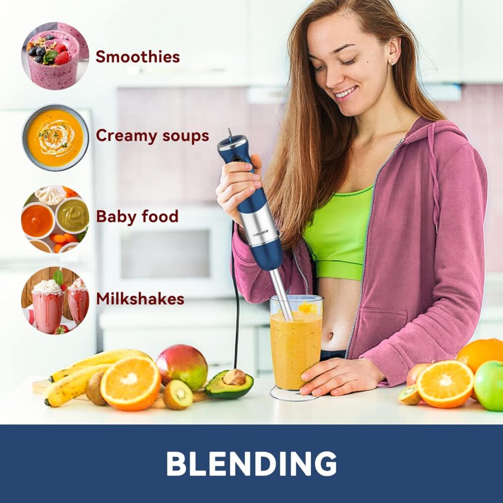 Immersion Blender 5 in 1 Hand Blender, Abuler 800W Hand Mixer Stick, 5-in-1, 12 Speed and Turbo Mode Handheld Blender 304 Stainless Steel, With 600ml Mixing Beaker, 500ml Chopper, Whisk and Milk Frother for Soup, Smoothies, Baby Food, Sauce