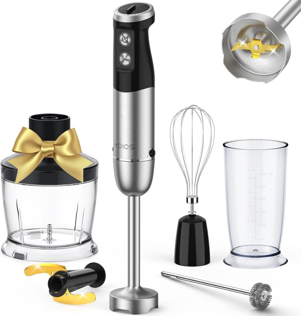 KOIOS 1000W Immersion Hand Blender, Upgrated 5-in-1 Handheld Blender, Full Copper Motor, Titanium Enhanced Blender Shaft, 12-Speeds, 600ml Mixing Beaker, 500ml Chopper, Whisk  Milk Frother