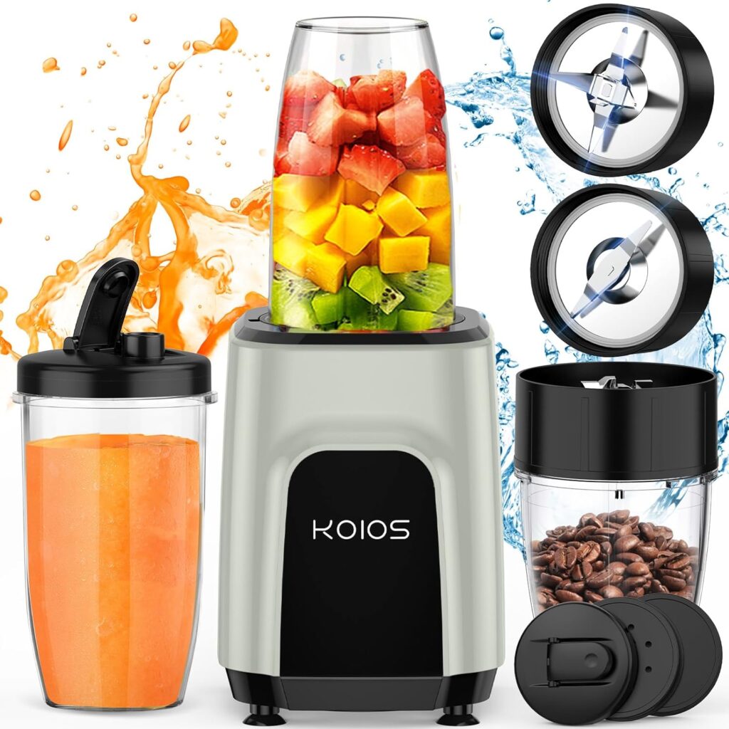KOIOS 900W Countertop Blenders for Shakes and Smoothies, Protein Drinks Baby Food Nuts Spices, Grinder for Beans, 11 Pcs Personal Blender with 6-edge Blade for Kitchen, 2x18.6oz and 10oz Cups,BPA Free
