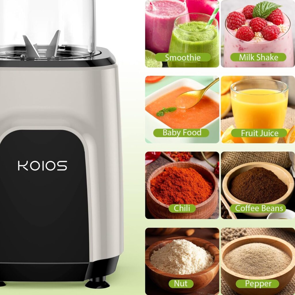 KOIOS 900W Countertop Blenders for Shakes and Smoothies, Protein Drinks Baby Food Nuts Spices, Grinder for Beans, 11 Pcs Personal Blender with 6-edge Blade for Kitchen, 2x18.6oz and 10oz Cups,BPA Free
