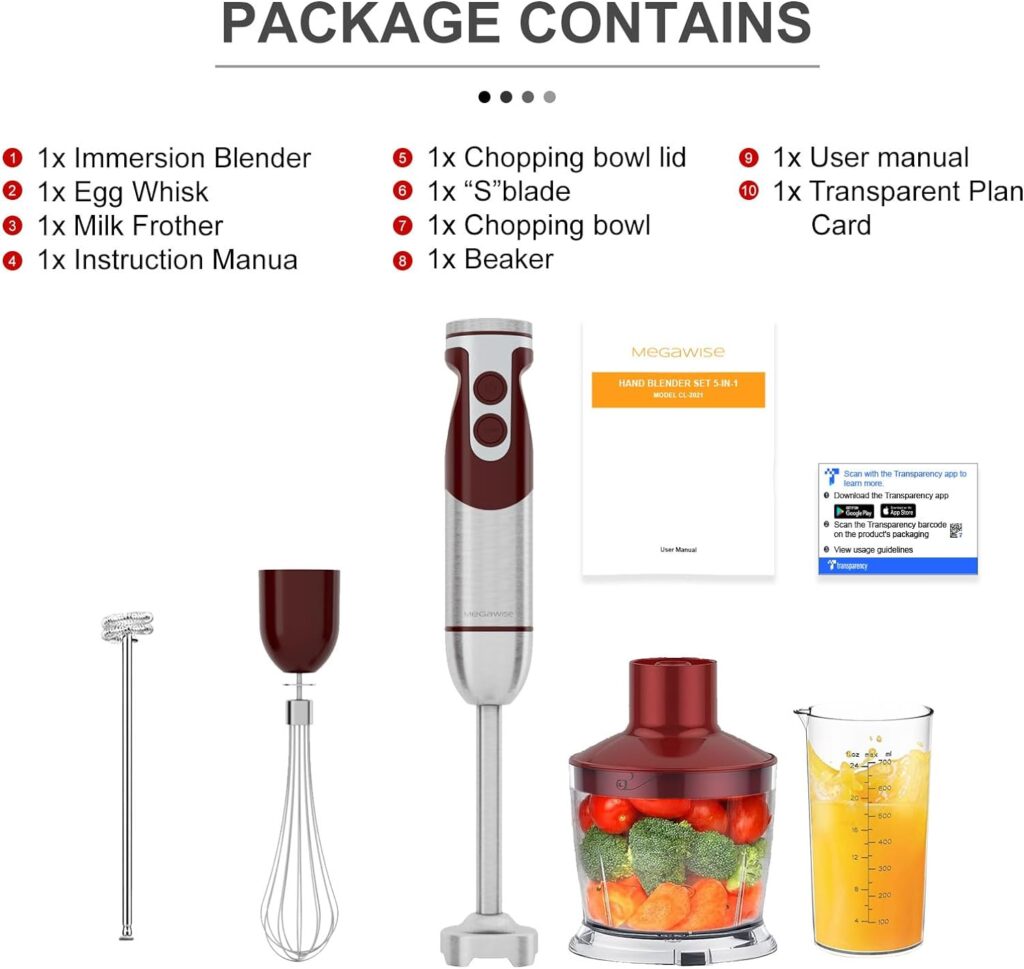 MegaWise Pro Titanium Reinforced 5-in-1 Immersion Hand Blender, Powerful 1000W with 80% Sharper Blades, 12-Speed Corded Blender, Including 500ml Chopper, 600ml Beaker, Whisk and Milk Frother (red)