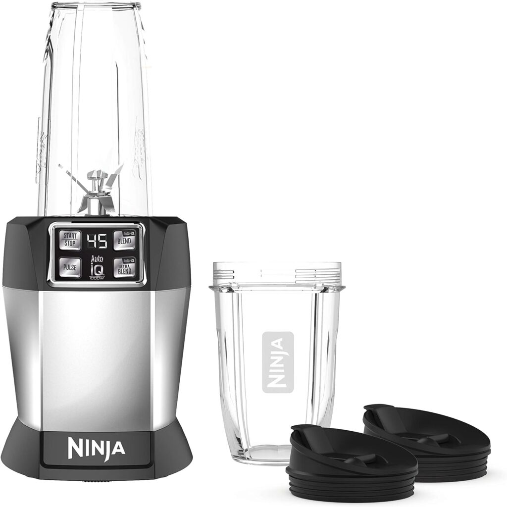 Ninja BL480D Nutri Personal Countertop Blender, Auto-iQ Technology, 1000-Watts, for Frozen Drinks, Smoothies, Sauces  More, with 18-oz.  24-oz. To-Go Cups  Spout Lids, Black/Silver