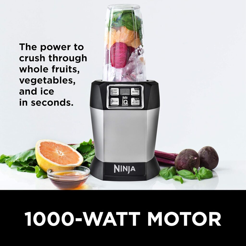 Ninja BL480D Nutri Personal Countertop Blender, Auto-iQ Technology, 1000-Watts, for Frozen Drinks, Smoothies, Sauces  More, with 18-oz.  24-oz. To-Go Cups  Spout Lids, Black/Silver