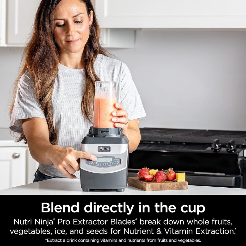 Ninja BL660 Professional Compact Smoothie  Food Processing Blender, 1100-Watts, 3 Functions -for Frozen Drinks, Smoothies, Sauces,  More, 72-oz.* Pitcher, (2) 16-oz. To-Go Cups  Spout Lids, Gray