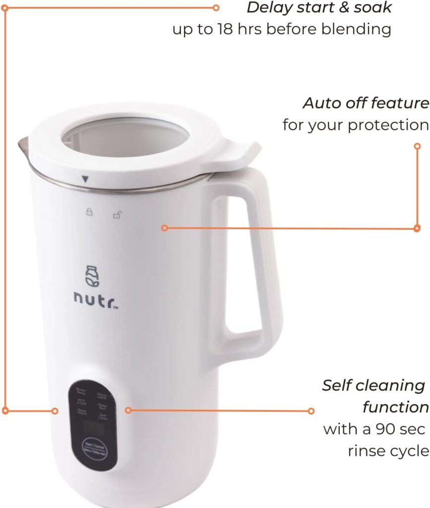 NUTR Nut Milk Maker, Homemade Almond, Oat, Coconut, Soy, or Plant Based Milks and Non Dairy Beverages, Boil and Blend Single Servings, Stainless Steel, Self-Cleaning, White