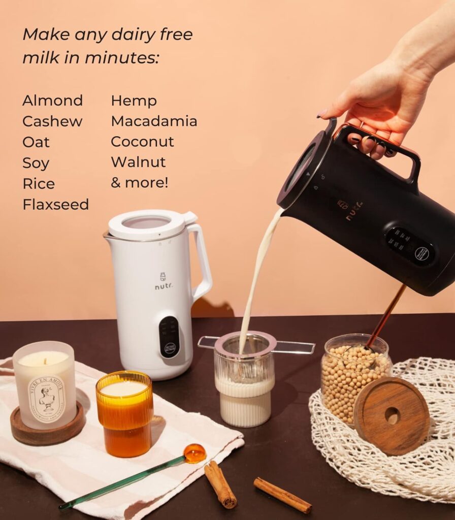 NUTR Nut Milk Maker, Homemade Almond, Oat, Coconut, Soy, or Plant Based Milks and Non Dairy Beverages, Boil and Blend Single Servings, Stainless Steel, Self-Cleaning, White