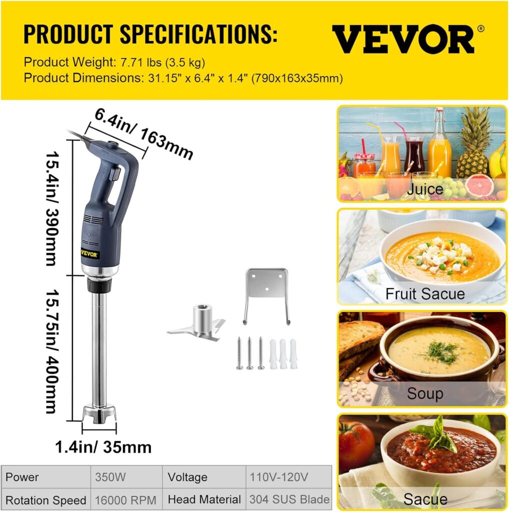 VBENLEM Commercial Immersion Blender 350W Power, Hand Held Mixer with 15.7-Inch 304 Stainless Steel Removable Shaft, Electric Stick Blender Constant Speed 16000RPM