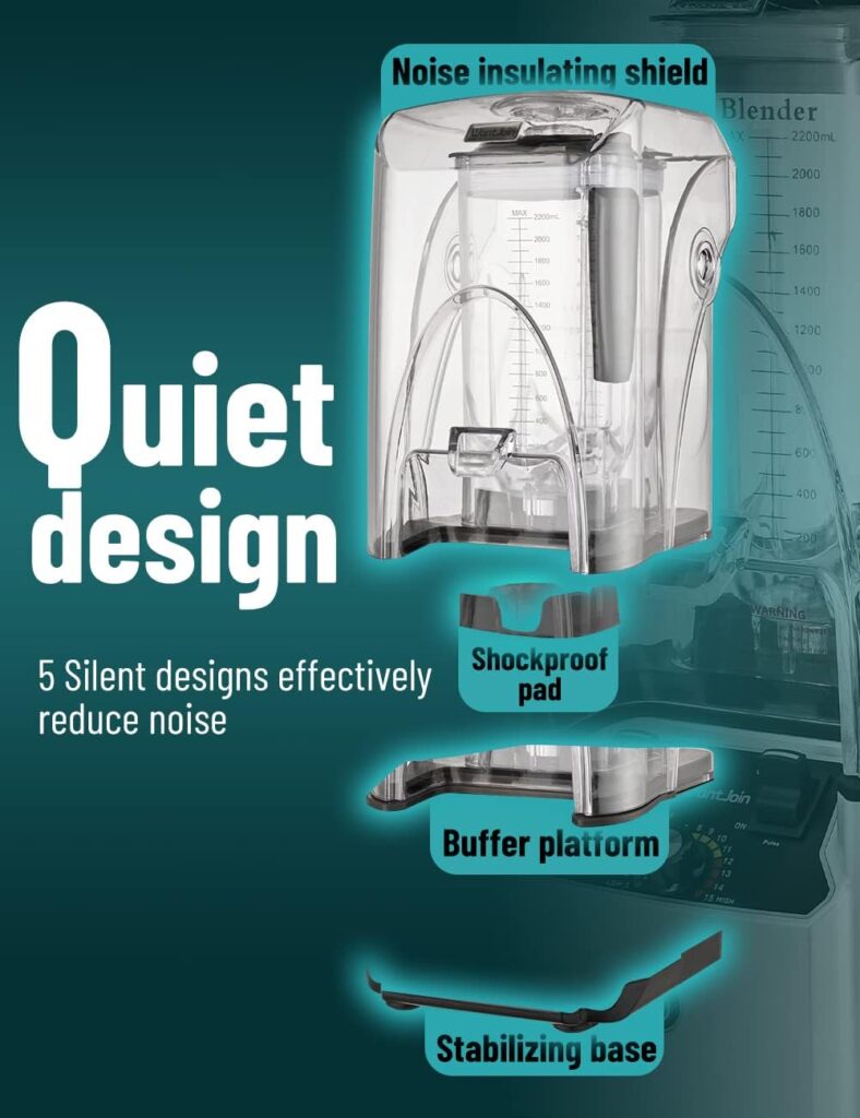 WantJoin Professional Commercial Blender With Shield Quiet Sound Enclosure 2200W Industries Strong and Quiet Professional-Grade Power, Self-Cleaning, Black